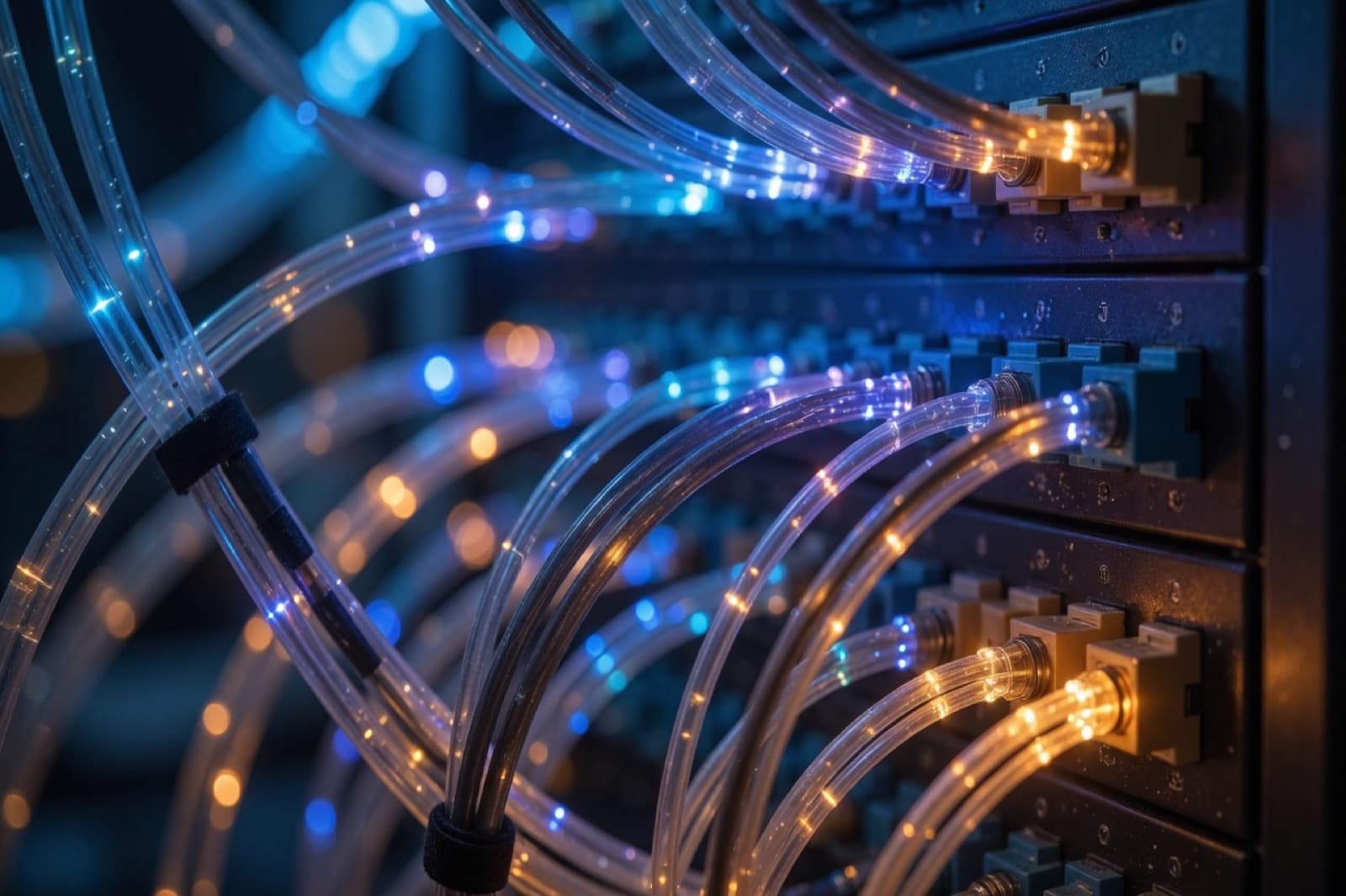 Glowing fibre-optic strands in a patch panel