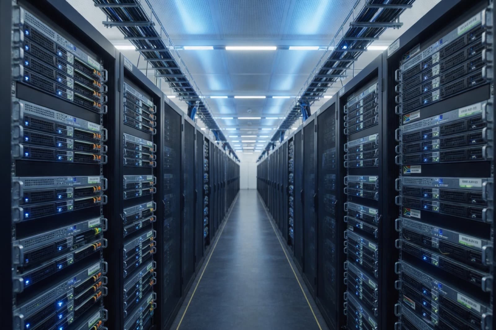 Lit server racks in a modern data centre aisle