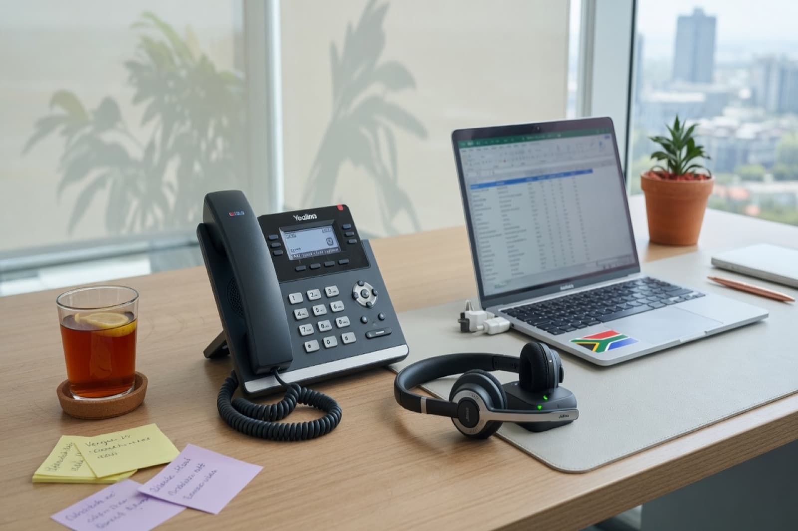Desk phone and headset on a modern office desk